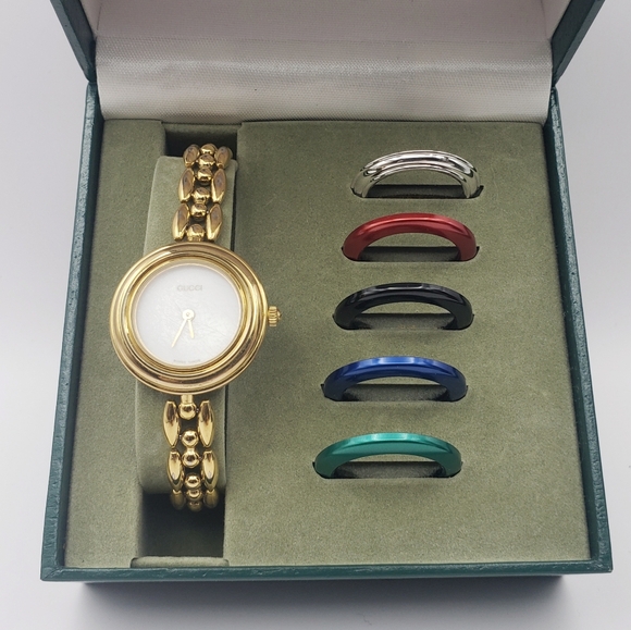 ROW!! Vintage Gucci 1980s Quartz Interchangeable Watch Bezel Set Gold Tone - Picture 6 of 10